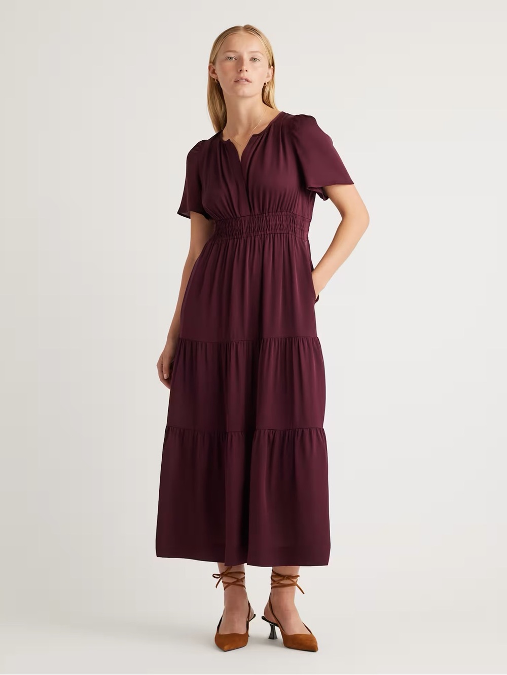 NWT Quince Washable Stretch Silk Tiered Maxi Dress Wine Tasting Red XL